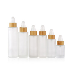 luxury face cream bottle frosted glass cosmetic jar 50ml 100ml skincare glass packaging with bamboo cap