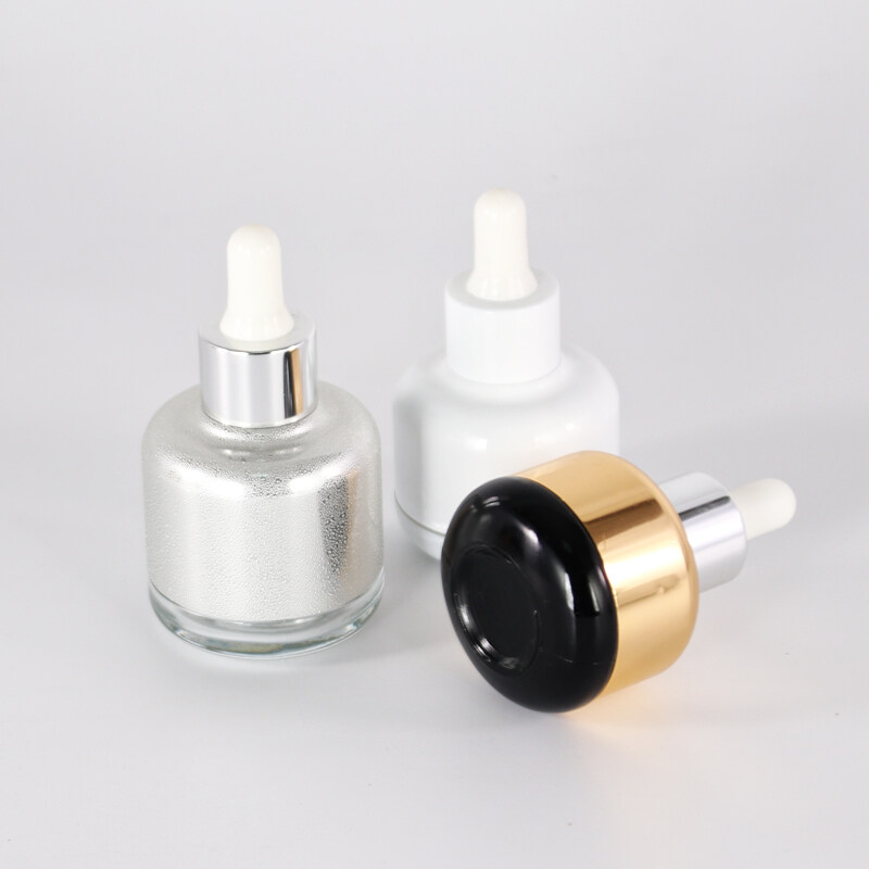 Colorful high end cosmetic Essential Oil Gold Sliver Metallic Electroplating 30ml Glass Dropper Bottle