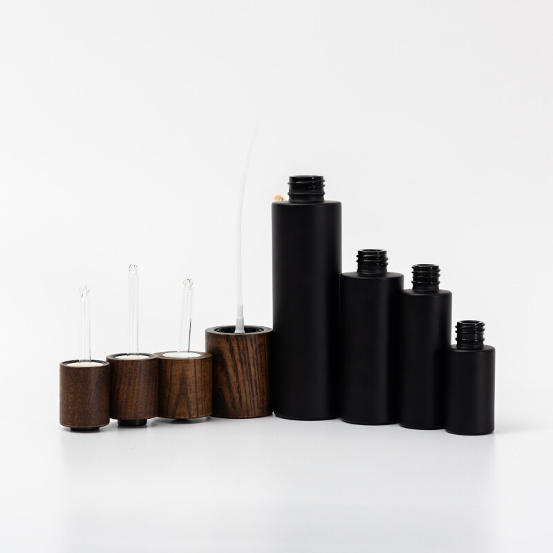 10ml 30ml black frost glass bottle cosmetics packaging matte black glass bottle with bamboo press dropper