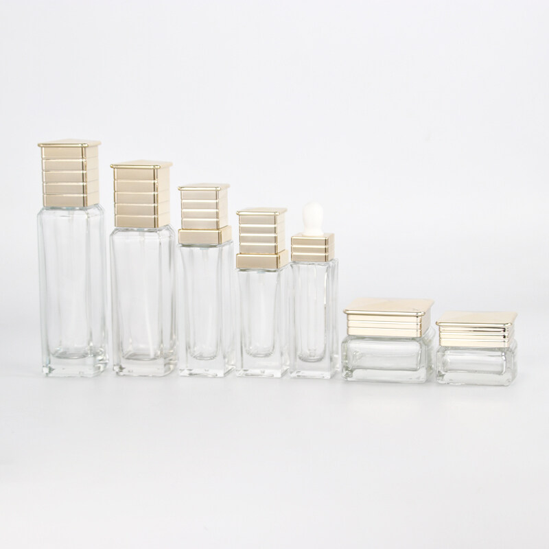 Wholesale luxury  30ml 40ml 50ml 100ml 120ml  clear transparent  glass bottle square shape cream jar for skin care