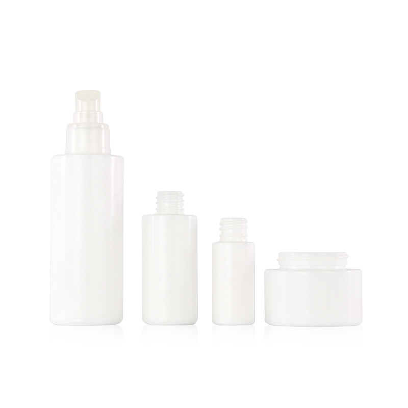 Opal white glass cosmetic packaging essential oil dropper or lotion bottle and cream jar with wooden lid