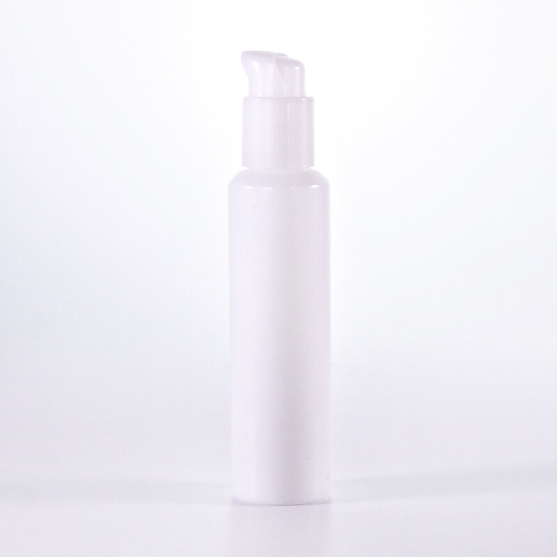100ml Sloping Shoulder Opal White Glass Lotion Bottle with white plastic Pump