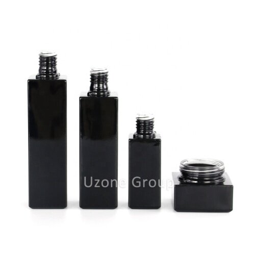 New square glass bottle and jar for skin care package black glass lotion bottle cream jar luxury glass package