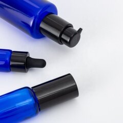 New developed blue bottle with dropper sprayer pump lid cobalt blue glass jar with cap