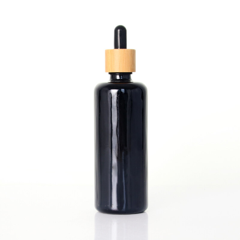 ready to ship 100ml opaque black glass bottle with bamboo dropper bottle for essential oil skin care packaging