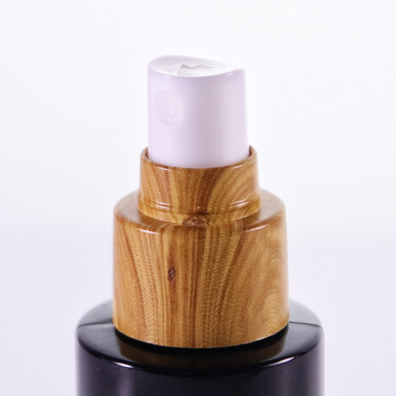 Luxury cosmetic glass pump bottle with wood grain plastic pump and sprayer with water transfer printing craft