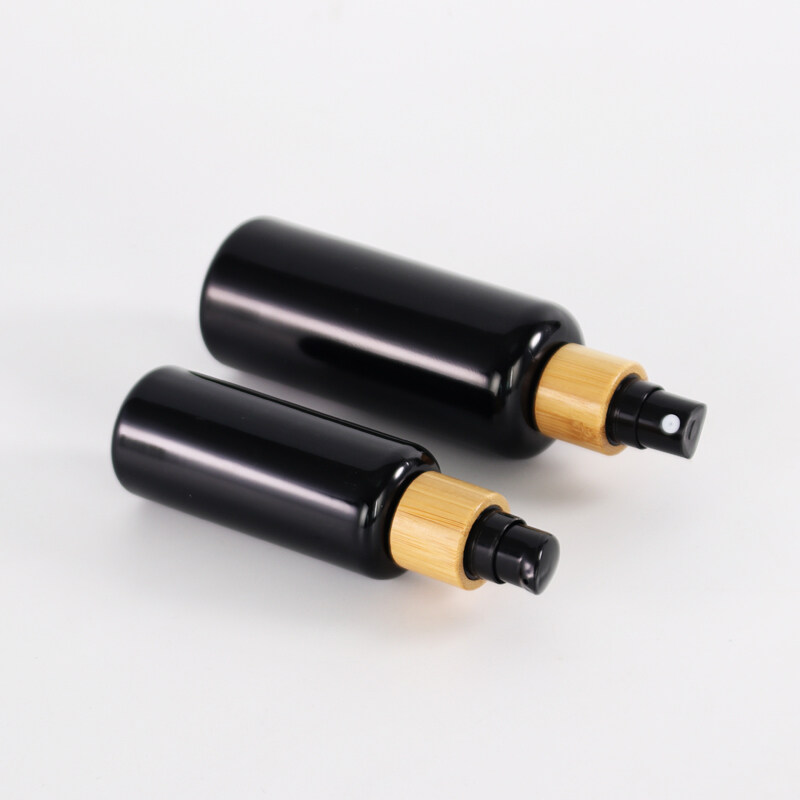 50ml 100ml opaque black glass sprayer bottle black glass pump bottles with bamboo pump sprayer