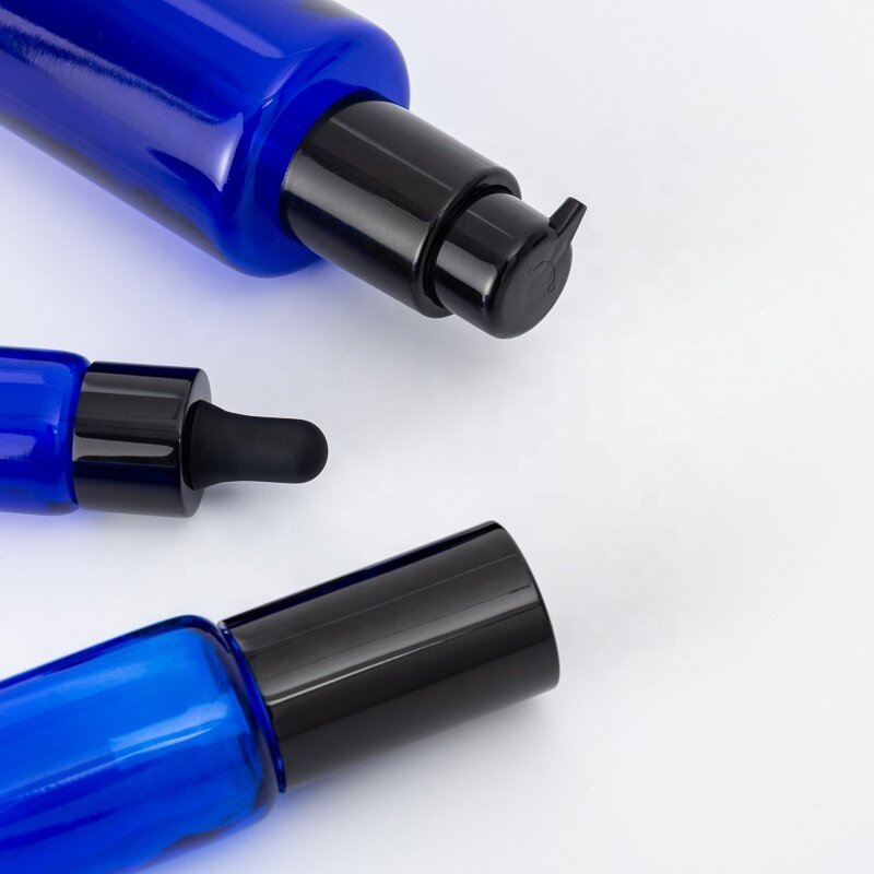 Luxury blue glass dropper bottle and jar 30ml 50ml 100ml 30g 50g various capacity with black plastic cap