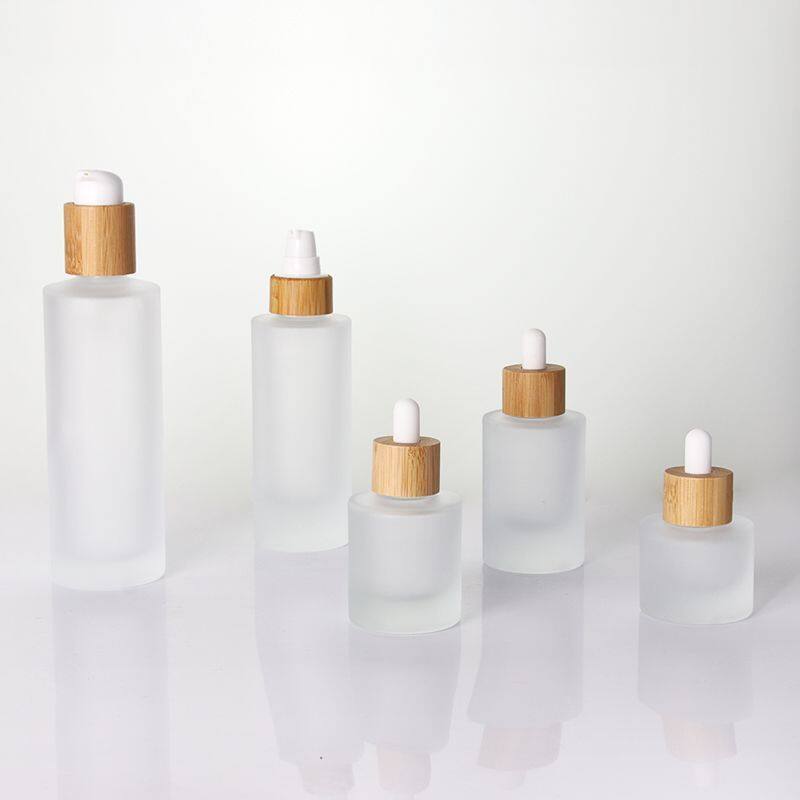 30ml Flat Shoulder Round Shape Luxury Skincare Serum Essential Oil  bamboo lid Clear Glass Thick Bottom Dropper Bottle