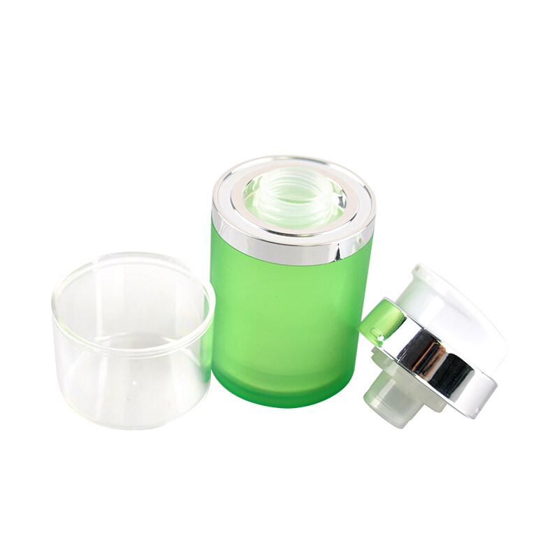 Green frosted acrylic cosmetic airless jar with silver lid for cosmetic packaging