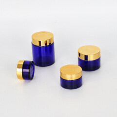 wholesale blue round glass cream  jar 20g 30g 50g 100g for skincare with gold aluminium cap