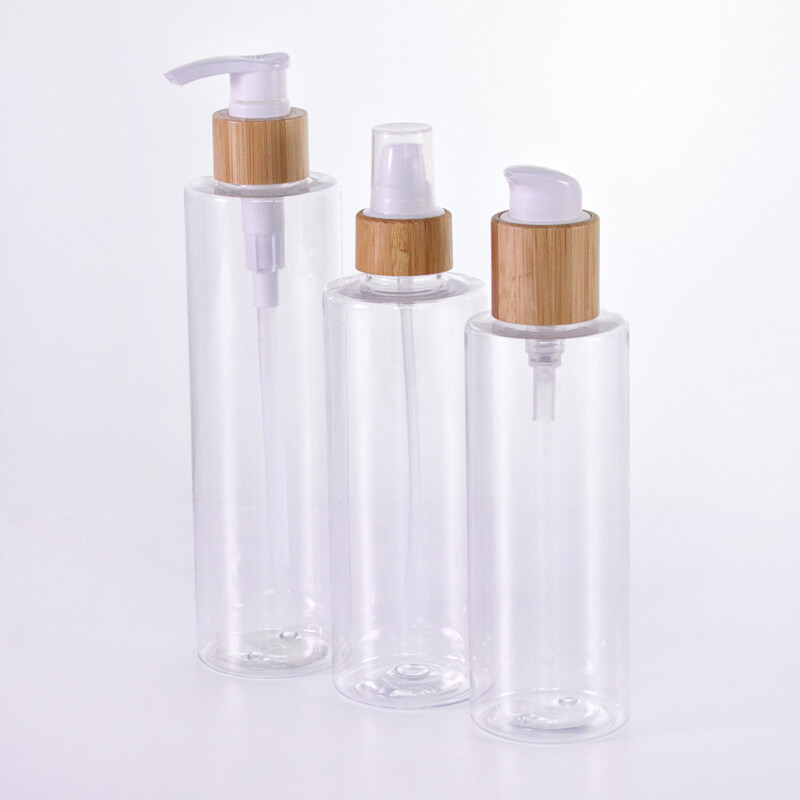 Eco-friendly material bamboo pump for transparent pet plastic spray pump cosmetic bottle with nozzle Bamboo wooden lid