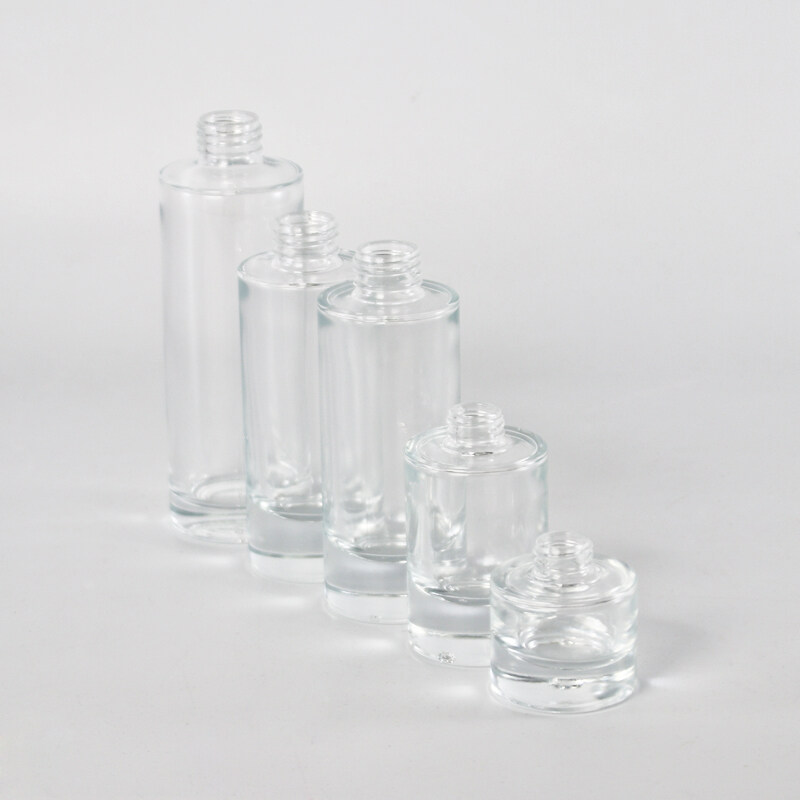 Cosmetic packaging clear glass full set glass bottle and jar with thick bottom and high quality white lotion pump