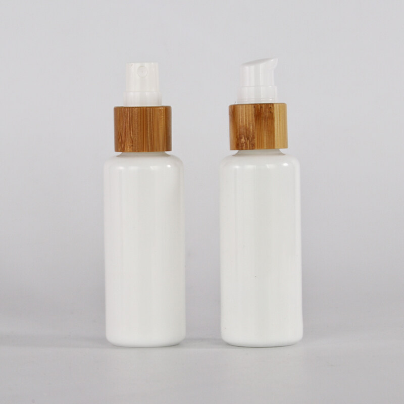 opal white glass bottle with bamboo sprayer pump