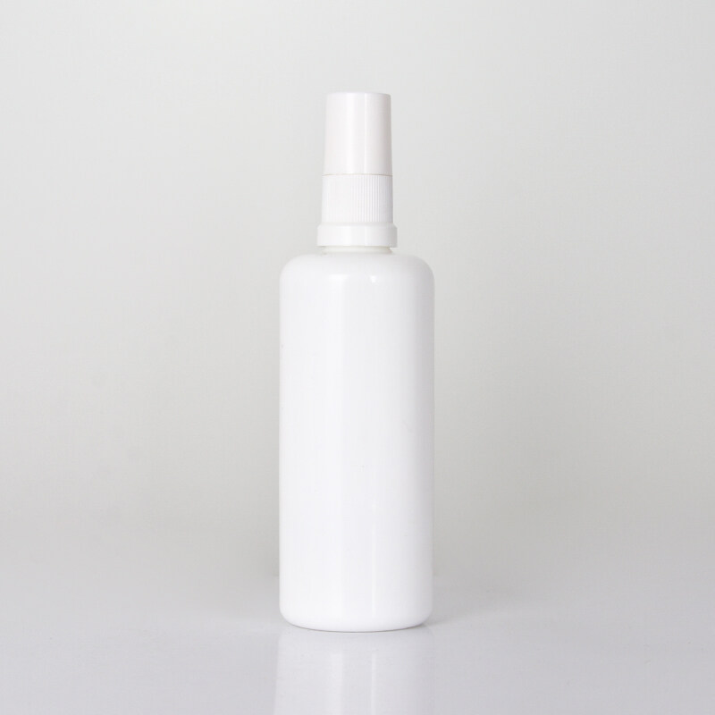 100ml  round shoulder opal white  glass bottle with white plastic spray pump for cosmetic skincare