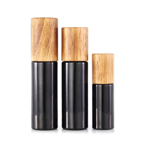 40ml 100ml black cosmetic glass bottle with rubber wood lid