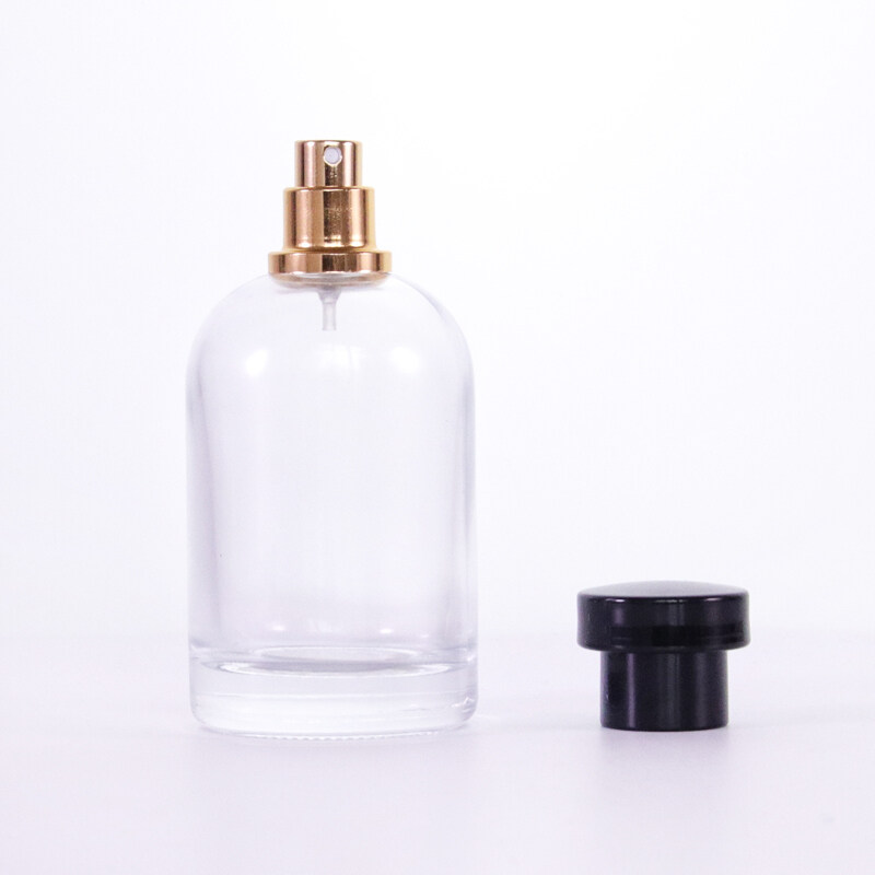 100ml glass perfume bottle black plastic cap cylindrical bottle Gold anodized aluminum spray empty bottle