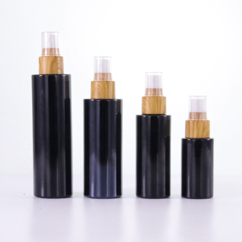 Wood grain water transfer printing cosmetic glass bottle with wood grain pump and sprayer