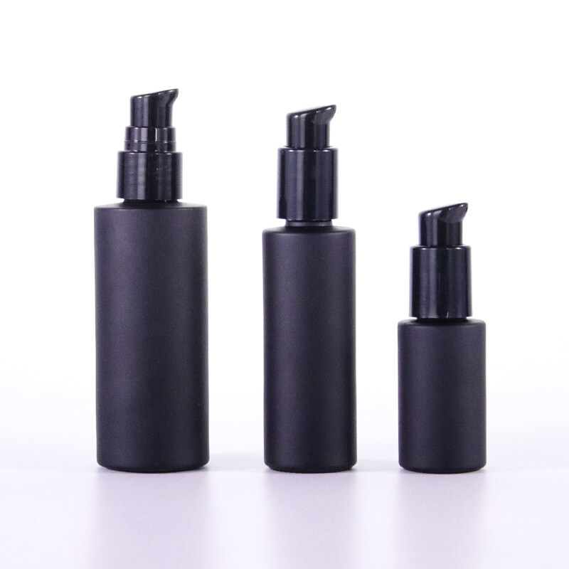 Hot selling Matte Black Glass Cosmetic Bottles Glass Serum Bottles with Black lotion pumps cosmetic packages and containers