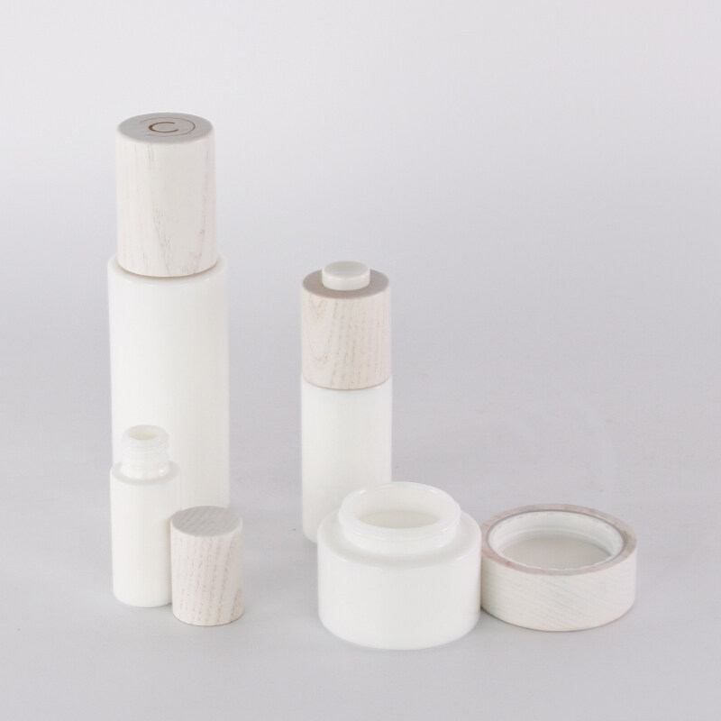 New series painting white ash tree wooden fittings for opal white glass bottles