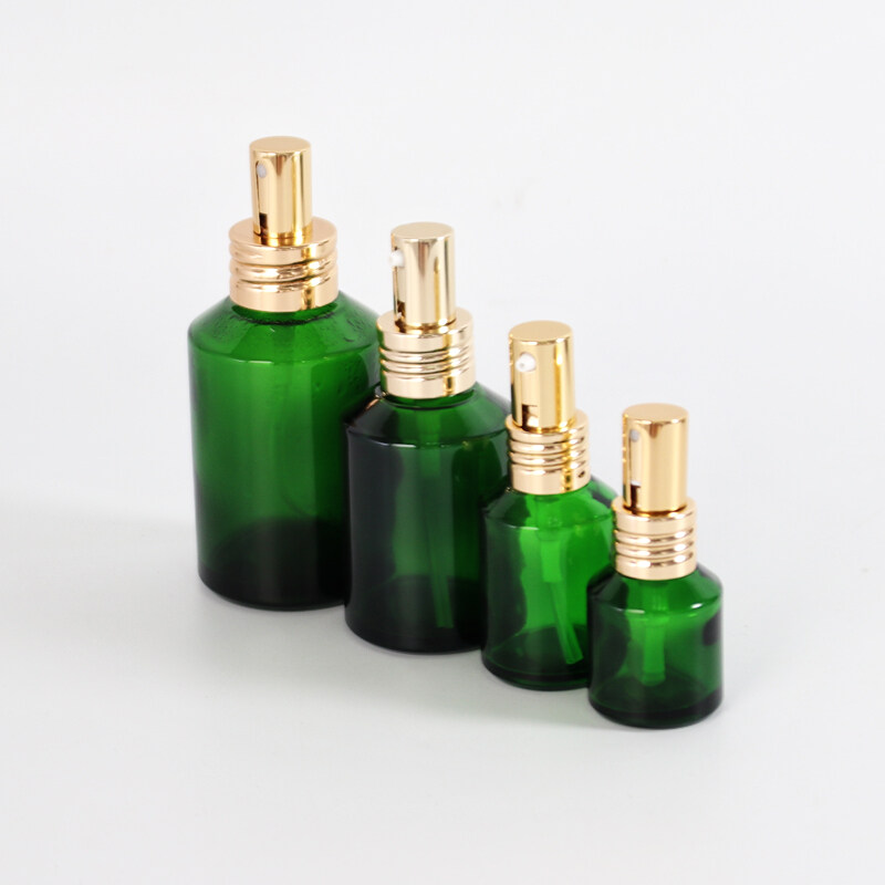 Factory green sloping shoulder glass lotion pump bottle and cream glass jar green glass bottle and jar