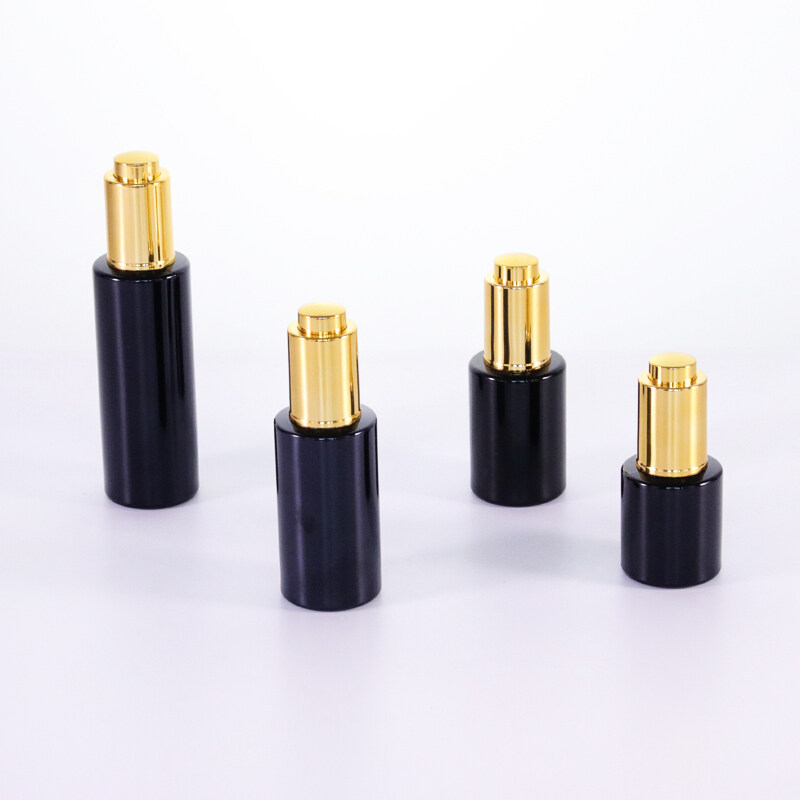 High quality factory price 20ml 30ml 40ml 60ml opaque black glass bottle with golden dropper for essential oil glass bottles