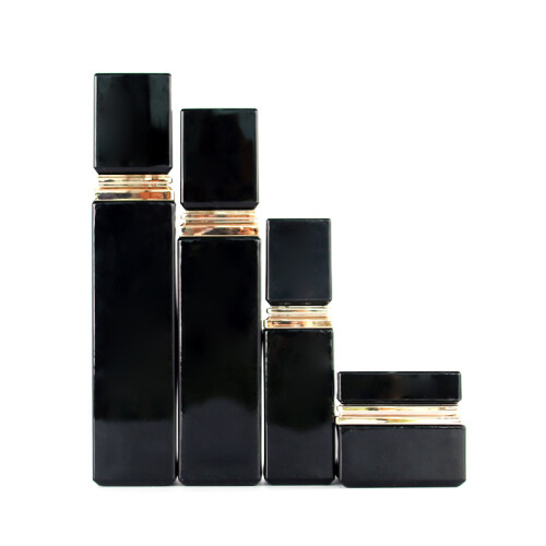 Luxury 30ml 100ml 120ml empty square black cosmetic face lotion cream glass bottle jar package set with black plastic cap