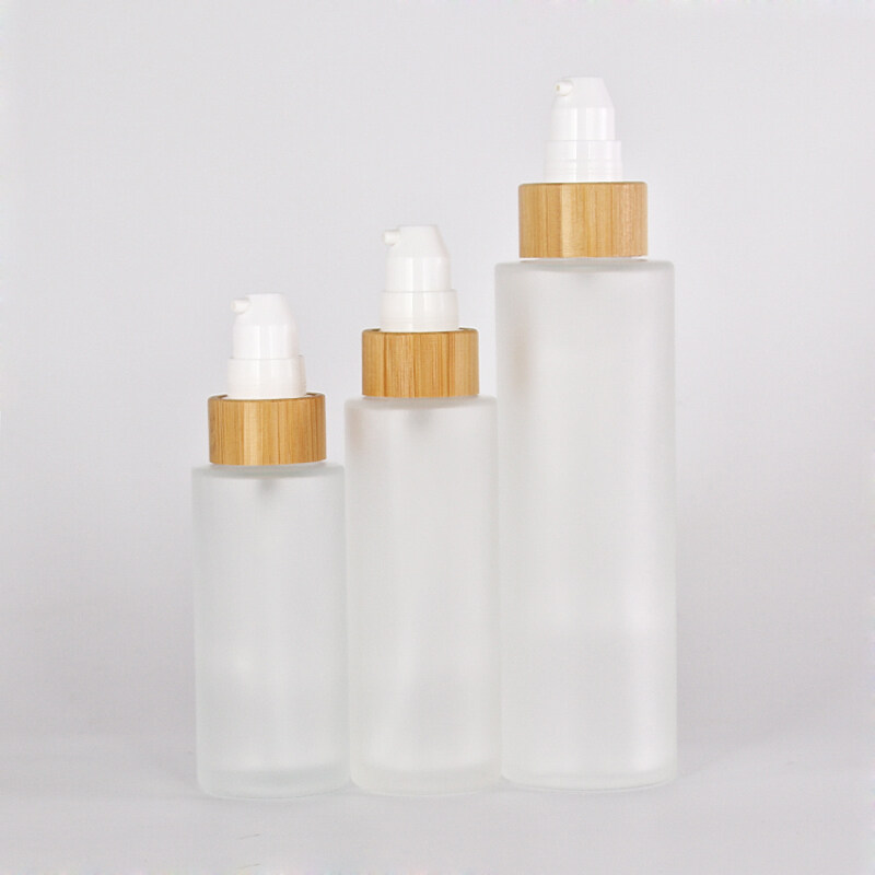30m 50ml 100ml 120ml 150ml tranasparent frosted empty glass cosmetic  bottle with bamboo pump lotion spray lid