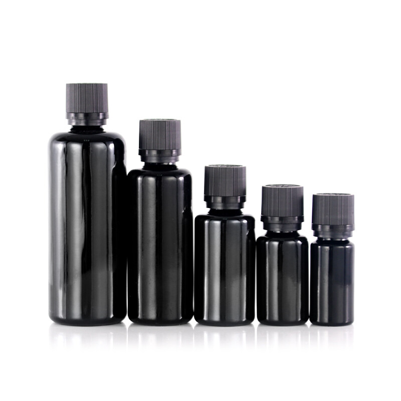 empty opaque black round glass bottle dropper pump for cosmetic packaging