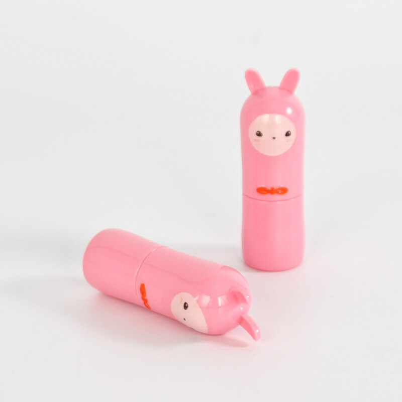 3g pink round plastic empty lipstick tube with cartoon pattern pink cap