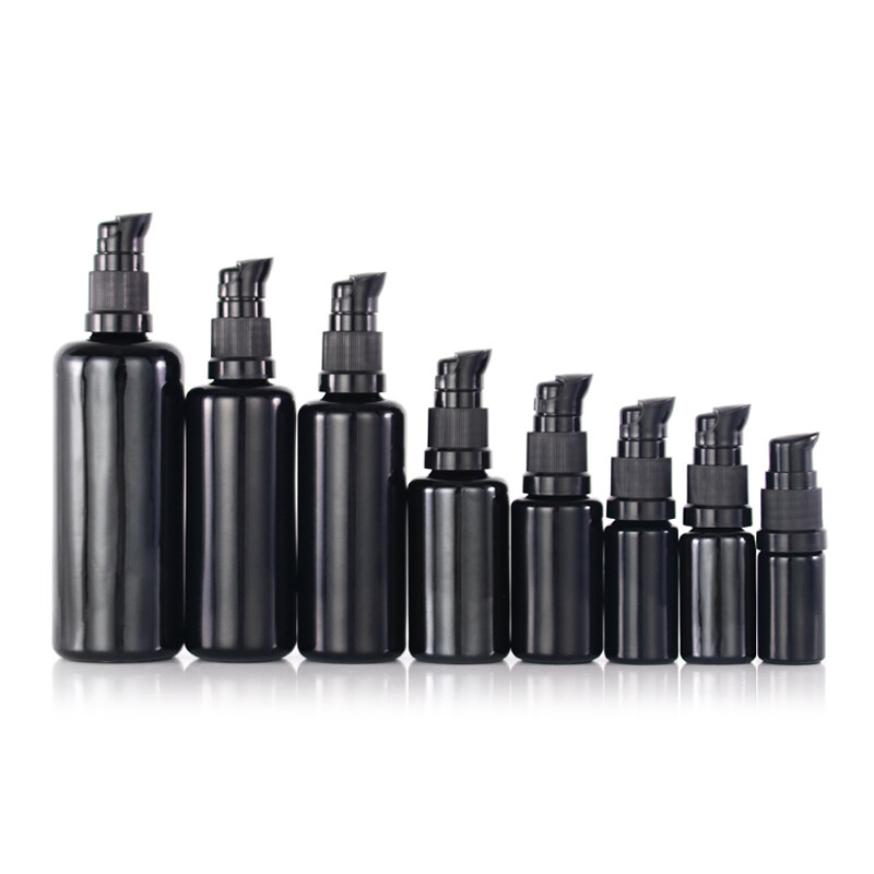 5ml 10ml 15ml 30ml 50ml 60ml 100ml 200ml automaton production round shoulder black glass bottle for cosmetic
