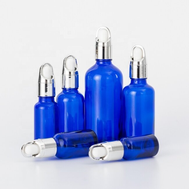 Blue glass essential oil bottle classic glass bottle with silver dropper