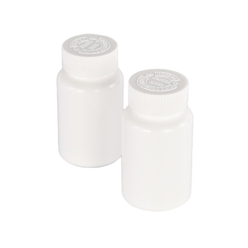 round empty plastic pill capsules bottle with child proof cap