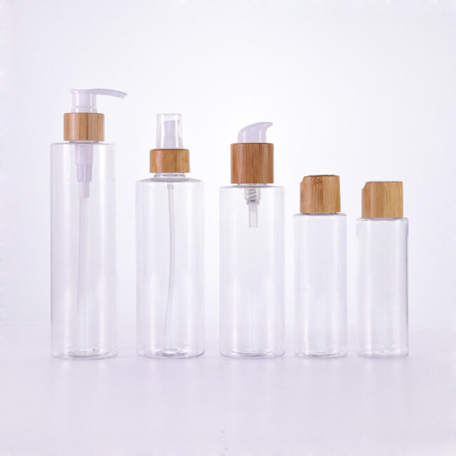 Factory price 100ml 120ml 230ml 250ml 300ml clear empty plastic serum lotion spray bottle with natural bamboo lid