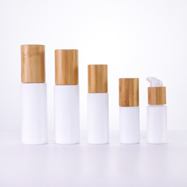Wholesale opal white round square 10ml 30ml 40ml 50ml 100ml 120ml glass dropper bottle with bamboo wood lotion pump and lids