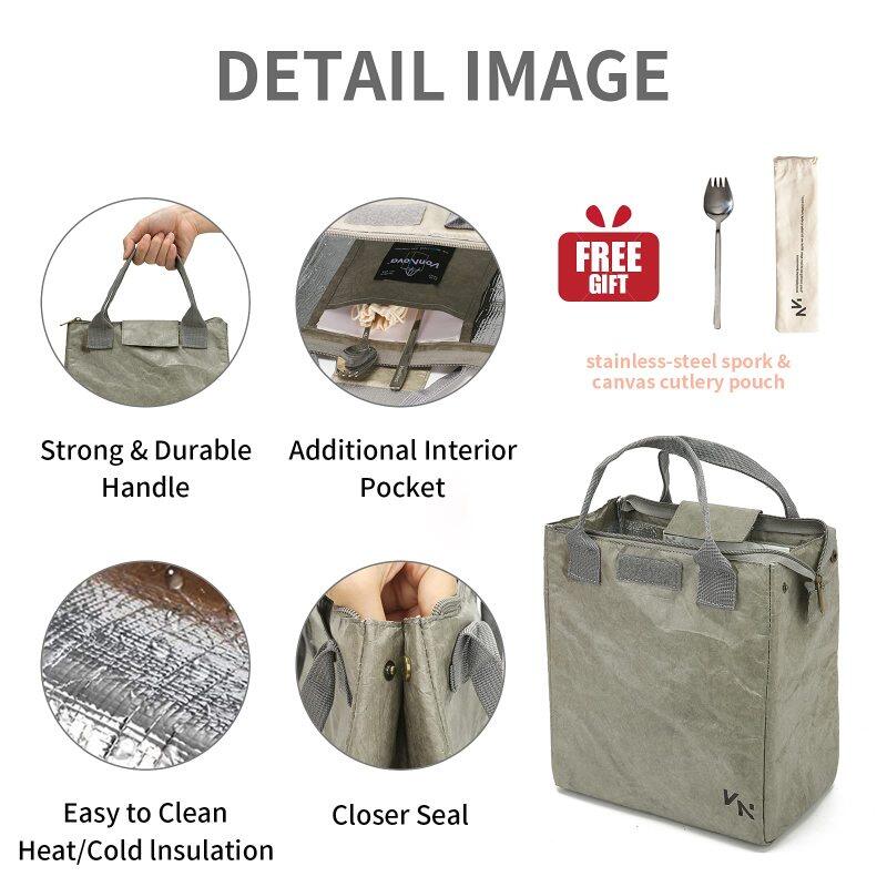 Lightweight strong lunch bag tyvek paper handle custom color brown lunch insulated cooler bag