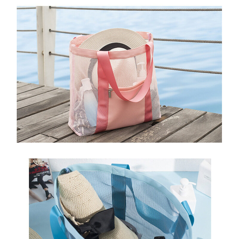 Custom Extra Large Capacity Travel Pool Waterproof PU Foldable Luxury Bag Exterior Zipper Pocket Mesh Beach Bag with Tote