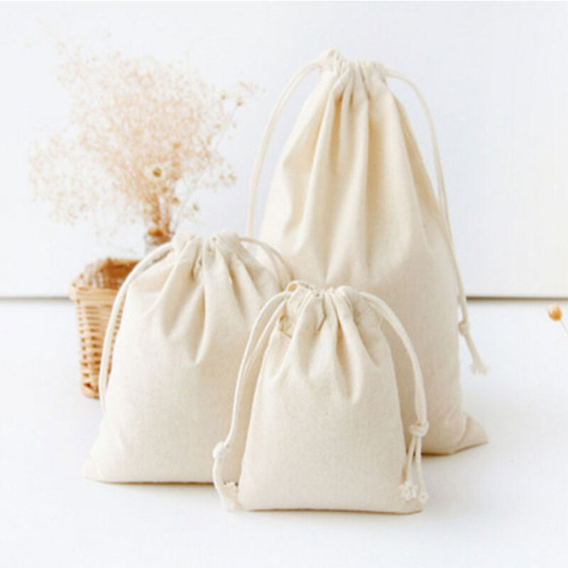 Custom Logo Small White Organic Canvas Bags Cotton Linen Drawstring Bag