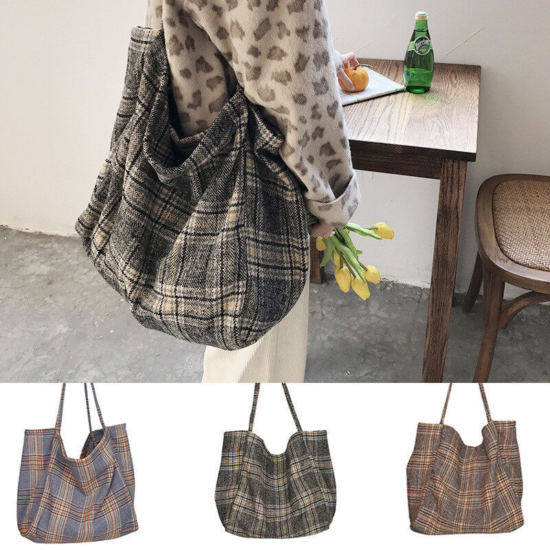 Black Plaid Women Simple Shoulder Bag Soft Cloth Fabric Large Capacity Tote Canvas Bags For Pretty Young Girls