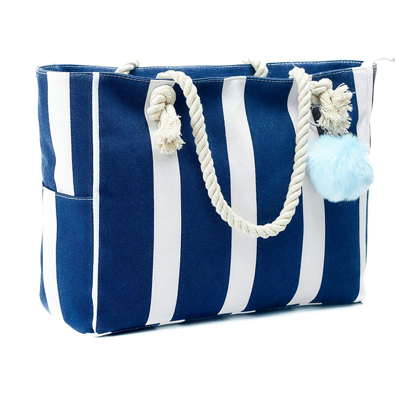 Beach bags 2022 women summer large canvas stripe print tote beach bags cotton rope handle top zipper handbags