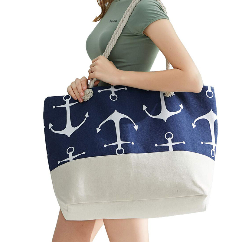New Summer Beach Tote Bags Women Hand Bags Large Canvas Zipper Beach Bag With Cotton Rope Handle