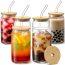 Custom Glass Tea Coffee Cup Soda Beer Can Shaped Glass 16oz Cup Mugs With Bamboo Lid And Straw