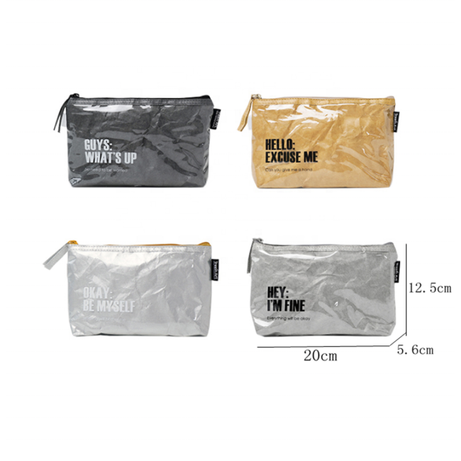 Custom fashion waterproof cosmetic bag kraft paper toiletries pouch sustainable tyvek travel zipper bag