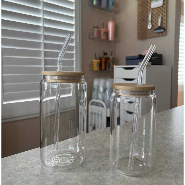 Ready to ship16oz  Drinking  Glasses Shaped Drinkware Beer Can Cups  with bamboo lid and glass straw DIY choice