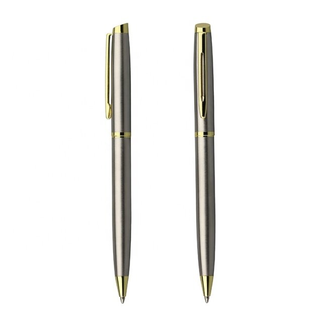 Luxury stainless steel metal body gold trim engraved logo twist ballpoint pen with gift box pen set stationery gift
