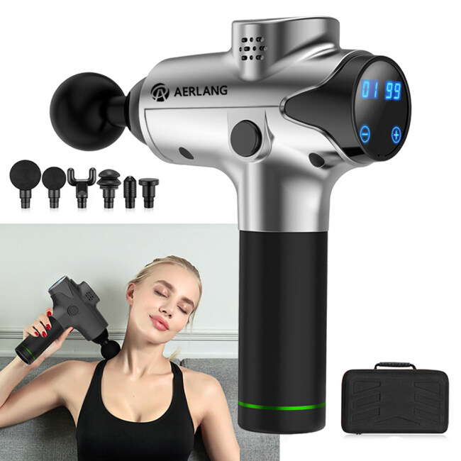 AERLANG Handheld Percussion Massage Gun, Deep Tissue Noiseless Massager for Sore Muscle and Stiffness，20 Variable Speeds Digital Display- Includes 6 Massage Heads