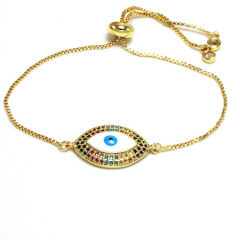 BC1317 Fashion women bracelet adjustable Gold plated Brass CZ Micro Pave evil eyes chain  wrist ladies  bracelet