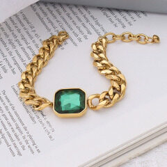 BS4036 Non Tarnish Boho Thick 18K Gold plated Stainless Steel Curb Cuban Chain with Emerald Diamond Green CZ Bracelet for Women
