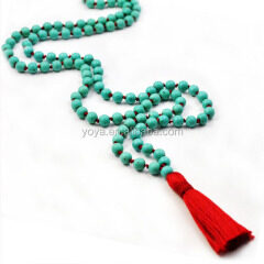 NE2128 Hotsale 6mm turquoise beaded necklace with red tassel, beautiful 108 beaded prayer necklace