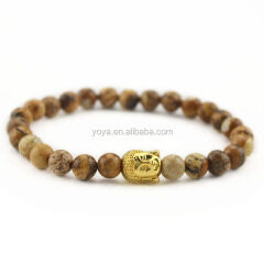 BRU0821 Trendy 6mm picture jasper beaded gold buddha bracelet,Spiritual Tibetan Jewelry